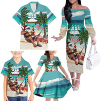 Liberia Christmas Family Matching Off The Shoulder Long Sleeve Dress and Hawaiian Shirt Santa Chill on Tropical Beach - Wonder Print Shop