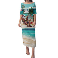 Liberia Christmas Family Matching Puletasi and Hawaiian Shirt Santa Chill on Tropical Beach - Wonder Print Shop