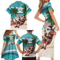 Liberia Christmas Family Matching Short Sleeve Bodycon Dress and Hawaiian Shirt Santa Chill on Tropical Beach - Wonder Print Shop