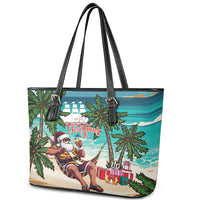 Liberia Christmas Leather Tote Bag Santa Chill on Tropical Beach - Wonder Print Shop