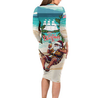 Liberia Christmas Long Sleeve Bodycon Dress Santa Chill on Tropical Beach - Wonder Print Shop