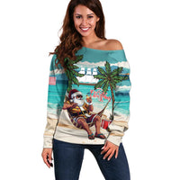 Liberia Christmas Off Shoulder Sweater Santa Chill on Tropical Beach - Wonder Print Shop