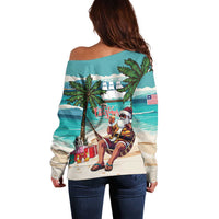 Liberia Christmas Off Shoulder Sweater Santa Chill on Tropical Beach - Wonder Print Shop