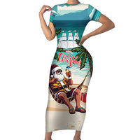 Liberia Christmas Short Sleeve Bodycon Dress Santa Chill on Tropical Beach - Wonder Print Shop