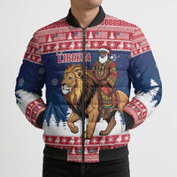 Personalized Liberia Christmas Bomber Puffer Jacket Black Santa Riding Lion - Merry Christmas - Wonder Print Shop