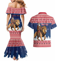 Personalized Liberia Christmas Couples Matching Mermaid Dress and Hawaiian Shirt Black Santa Riding Lion - Merry Christmas - Wonder Print Shop