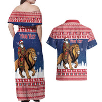 Personalized Liberia Christmas Couples Matching Off Shoulder Maxi Dress and Hawaiian Shirt Black Santa Riding Lion - Merry Christmas - Wonder Print Shop