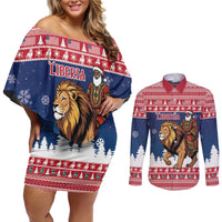 Personalized Liberia Christmas Couples Matching Off Shoulder Short Dress and Long Sleeve Button Shirt Black Santa Riding Lion - Merry Christmas - Wonder Print Shop