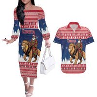 Personalized Liberia Christmas Couples Matching Off The Shoulder Long Sleeve Dress and Hawaiian Shirt Black Santa Riding Lion - Merry Christmas - Wonder Print Shop