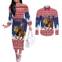 Personalized Liberia Christmas Couples Matching Off The Shoulder Long Sleeve Dress and Long Sleeve Button Shirt Black Santa Riding Lion - Merry Christmas - Wonder Print Shop