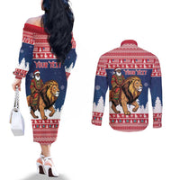 Personalized Liberia Christmas Couples Matching Off The Shoulder Long Sleeve Dress and Long Sleeve Button Shirt Black Santa Riding Lion - Merry Christmas - Wonder Print Shop