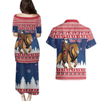 Personalized Liberia Christmas Couples Matching Puletasi and Hawaiian Shirt Black Santa Riding Lion - Merry Christmas - Wonder Print Shop
