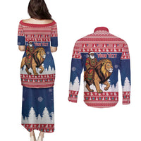 Personalized Liberia Christmas Couples Matching Puletasi and Long Sleeve Button Shirt Black Santa Riding Lion - Merry Christmas - Wonder Print Shop