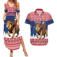 Personalized Liberia Christmas Couples Matching Summer Maxi Dress and Hawaiian Shirt Black Santa Riding Lion - Merry Christmas - Wonder Print Shop