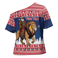 Personalized Liberia Christmas Cross Shoulder Shirt Black Santa Riding Lion - Merry Christmas - Wonder Print Shop