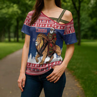 Personalized Liberia Christmas Cross Shoulder Shirt Black Santa Riding Lion - Merry Christmas - Wonder Print Shop
