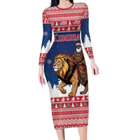Personalized Liberia Christmas Family Matching Long Sleeve Bodycon Dress and Hawaiian Shirt Black Santa Riding Lion - Merry Christmas - Wonder Print Shop