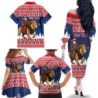Personalized Liberia Christmas Family Matching Off The Shoulder Long Sleeve Dress and Hawaiian Shirt Black Santa Riding Lion - Merry Christmas - Wonder Print Shop