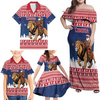 Personalized Liberia Christmas Family Matching Off Shoulder Maxi Dress and Hawaiian Shirt Black Santa Riding Lion - Merry Christmas - Wonder Print Shop