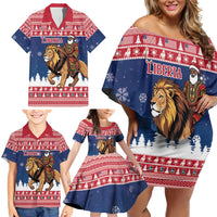 Personalized Liberia Christmas Family Matching Off Shoulder Short Dress and Hawaiian Shirt Black Santa Riding Lion - Merry Christmas - Wonder Print Shop