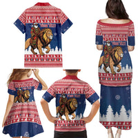 Personalized Liberia Christmas Family Matching Puletasi and Hawaiian Shirt Black Santa Riding Lion - Merry Christmas - Wonder Print Shop