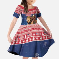 Personalized Liberia Christmas Family Matching Short Sleeve Bodycon Dress and Hawaiian Shirt Black Santa Riding Lion - Merry Christmas - Wonder Print Shop