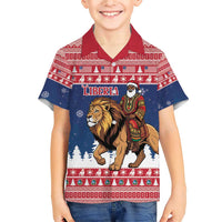 Personalized Liberia Christmas Family Matching Short Sleeve Bodycon Dress and Hawaiian Shirt Black Santa Riding Lion - Merry Christmas - Wonder Print Shop