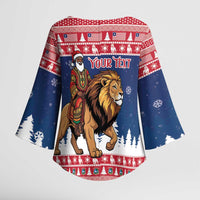 Personalized Liberia Christmas Kimono Sleeve Blouse Black Santa Riding Lion - Merry Christmas - Wonder Print Shop