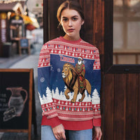 Personalized Liberia Christmas Ugly Christmas Sweater Black Santa Riding Lion - Merry Christmas - Wonder Print Shop