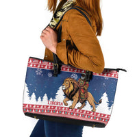 Liberia Christmas Leather Tote Bag Black Santa Riding Lion - Merry Christmas - Wonder Print Shop