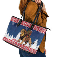Liberia Christmas Leather Tote Bag Black Santa Riding Lion - Merry Christmas - Wonder Print Shop