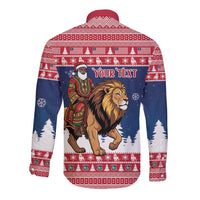 Personalized Liberia Christmas Long Sleeve Button Shirt Black Santa Riding Lion - Merry Christmas - Wonder Print Shop