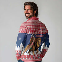 Personalized Liberia Christmas Long Sleeve Polo Shirt Black Santa Riding Lion - Merry Christmas - Wonder Print Shop