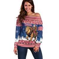 Personalized Liberia Christmas Off Shoulder Sweater Black Santa Riding Lion - Merry Christmas - Wonder Print Shop