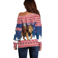 Personalized Liberia Christmas Off Shoulder Sweater Black Santa Riding Lion - Merry Christmas - Wonder Print Shop