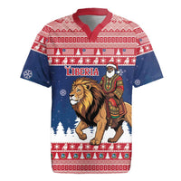 Personalized Liberia Christmas Rugby Jersey Black Santa Riding Lion - Merry Christmas - Wonder Print Shop