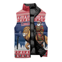 Personalized Liberia Christmas Sleeveless Puffer Jacket Black Santa Riding Lion - Merry Christmas - Wonder Print Shop