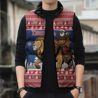 Personalized Liberia Christmas Sleeveless Puffer Jacket Black Santa Riding Lion - Merry Christmas - Wonder Print Shop