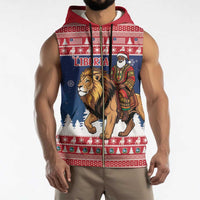 Personalized Liberia Christmas Sleeveless Zip Hoodie Black Santa Riding Lion - Merry Christmas - Wonder Print Shop