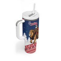 Personalized Liberia Christmas Tumbler With Handle Black Santa Riding Lion - Merry Christmas - Wonder Print Shop