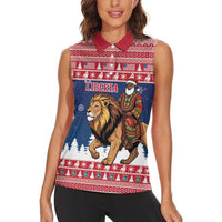 Personalized Liberia Christmas Women Sleeveless Polo Shirt Black Santa Riding Lion - Merry Christmas - Wonder Print Shop