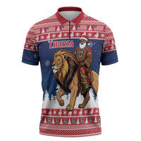 Personalized Liberia Christmas Zipper Polo Shirt Black Santa Riding Lion - Merry Christmas - Wonder Print Shop