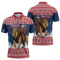 Personalized Liberia Christmas Zipper Polo Shirt Black Santa Riding Lion - Merry Christmas - Wonder Print Shop