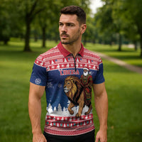 Personalized Liberia Christmas Zipper Polo Shirt Black Santa Riding Lion - Merry Christmas - Wonder Print Shop
