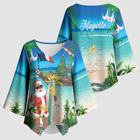 Mayotte Christmas Kimono Sleeve Blouse Santa Chill on Tropical Beach - Wonder Print Shop