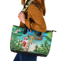 Mayotte Christmas Leather Tote Bag Santa Chill on Tropical Beach - Wonder Print Shop