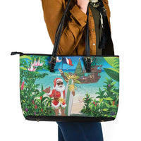 Mayotte Christmas Leather Tote Bag Santa Chill on Tropical Beach - Wonder Print Shop