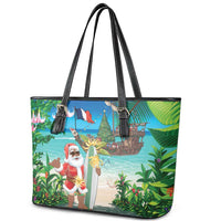 Mayotte Christmas Leather Tote Bag Santa Chill on Tropical Beach - Wonder Print Shop