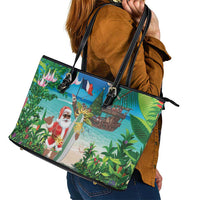 Mayotte Christmas Leather Tote Bag Santa Chill on Tropical Beach - Wonder Print Shop