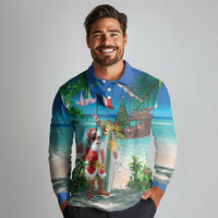 Mayotte Christmas Long Sleeve Polo Shirt Santa Chill on Tropical Beach - Wonder Print Shop